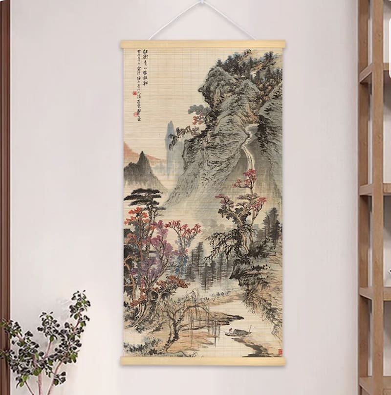 Red Trees and Green Mountains, bamboo hanging painting