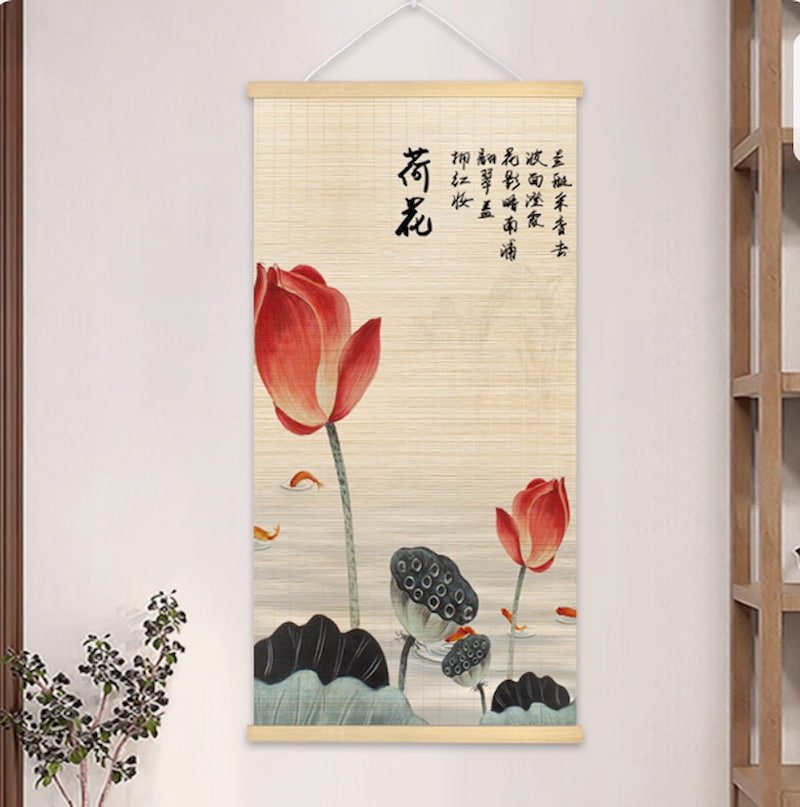 “Lotus Blossoms - Willow in Crimson”bamboo hanging artwork