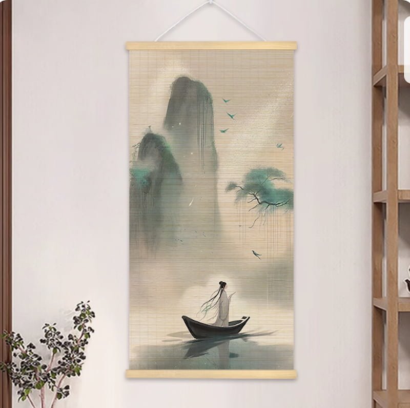 Scholar Amidst Green Mountains ink wash bamboo hanging painting