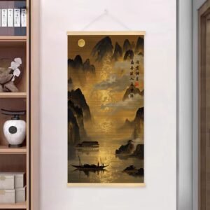 Moonlit River Boat Amidst Clouds bamboo wall art