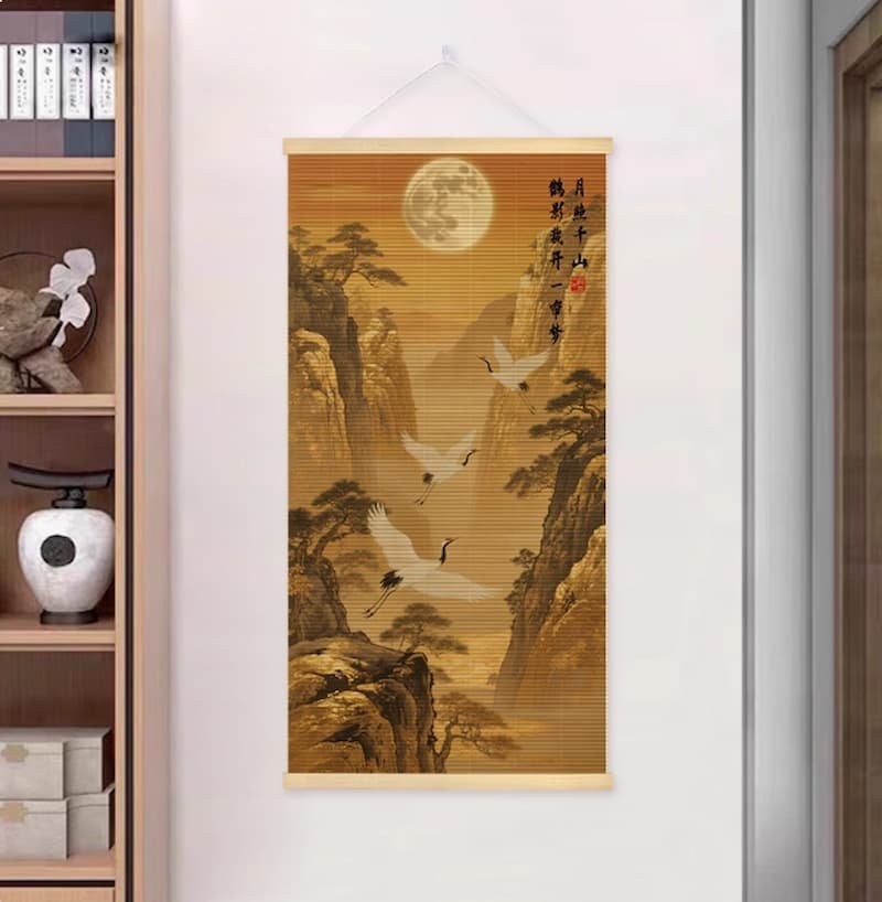 Moonlit Cranes Amidst a Thousand Mountains Bamboo Wall Art