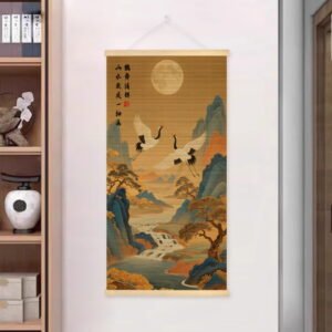 Crane Dance Amidst Moonlit Mountains bamboo wall art