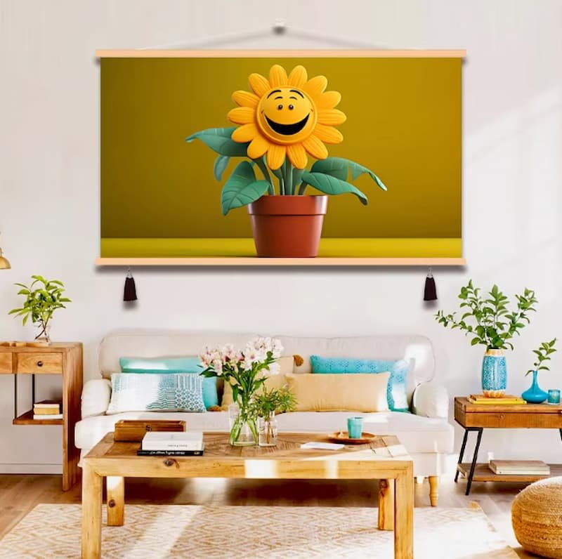 Smiling Sunflower Cartoon Wall Art for Kids Room
